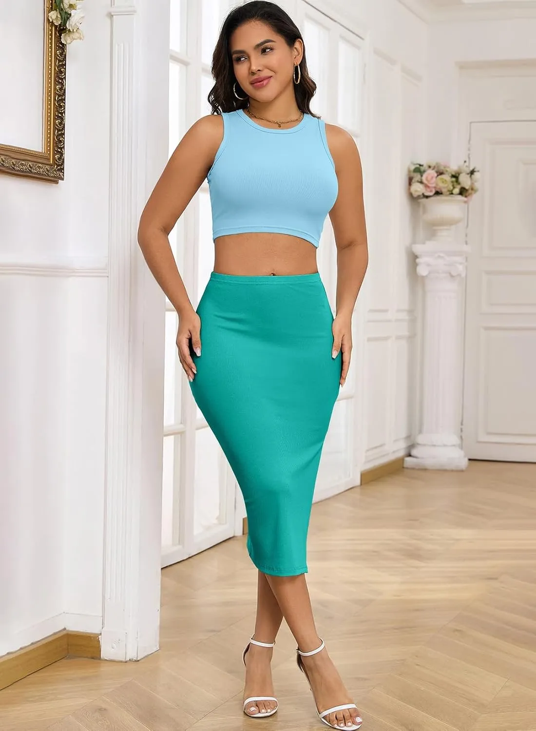 Pink Queen Women's 2 Piece Crew Neck Sleeveless Ribbed Tank Top Bodycon Slit Midi Skirt Outfit Dress Set