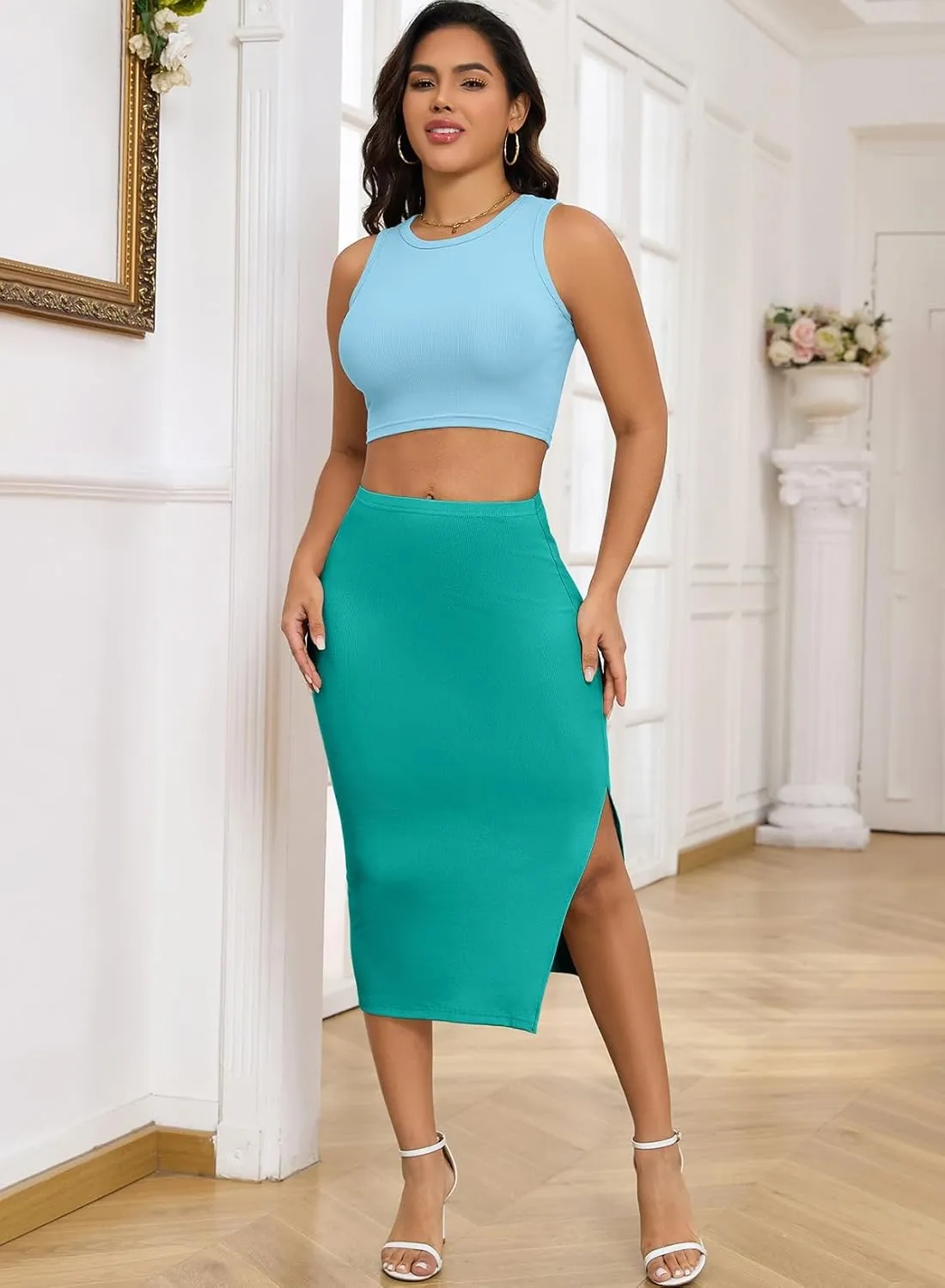 Pink Queen Women's 2 Piece Crew Neck Sleeveless Ribbed Tank Top Bodycon Slit Midi Skirt Outfit Dress Set