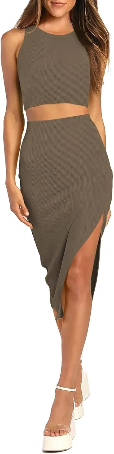 Pink Queen Women's 2 Piece Crew Neck Sleeveless Ribbed Tank Top Bodycon Slit Midi Skirt Outfit Dress Set