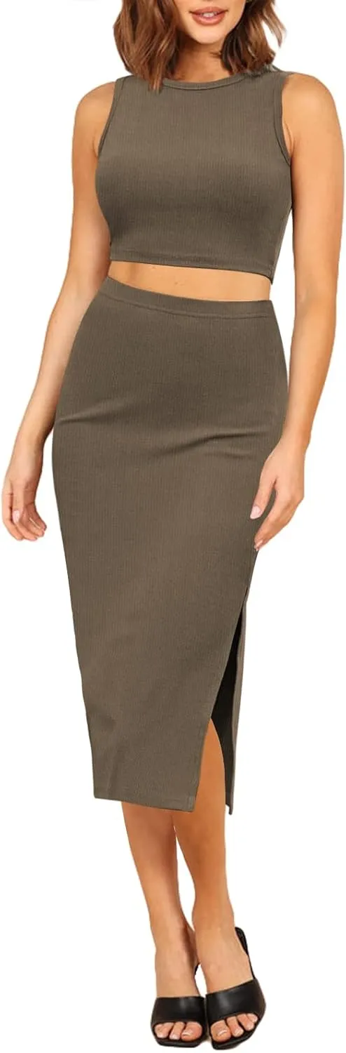 Pink Queen Women's 2 Piece Crew Neck Sleeveless Ribbed Tank Top Bodycon Slit Midi Skirt Outfit Dress Set