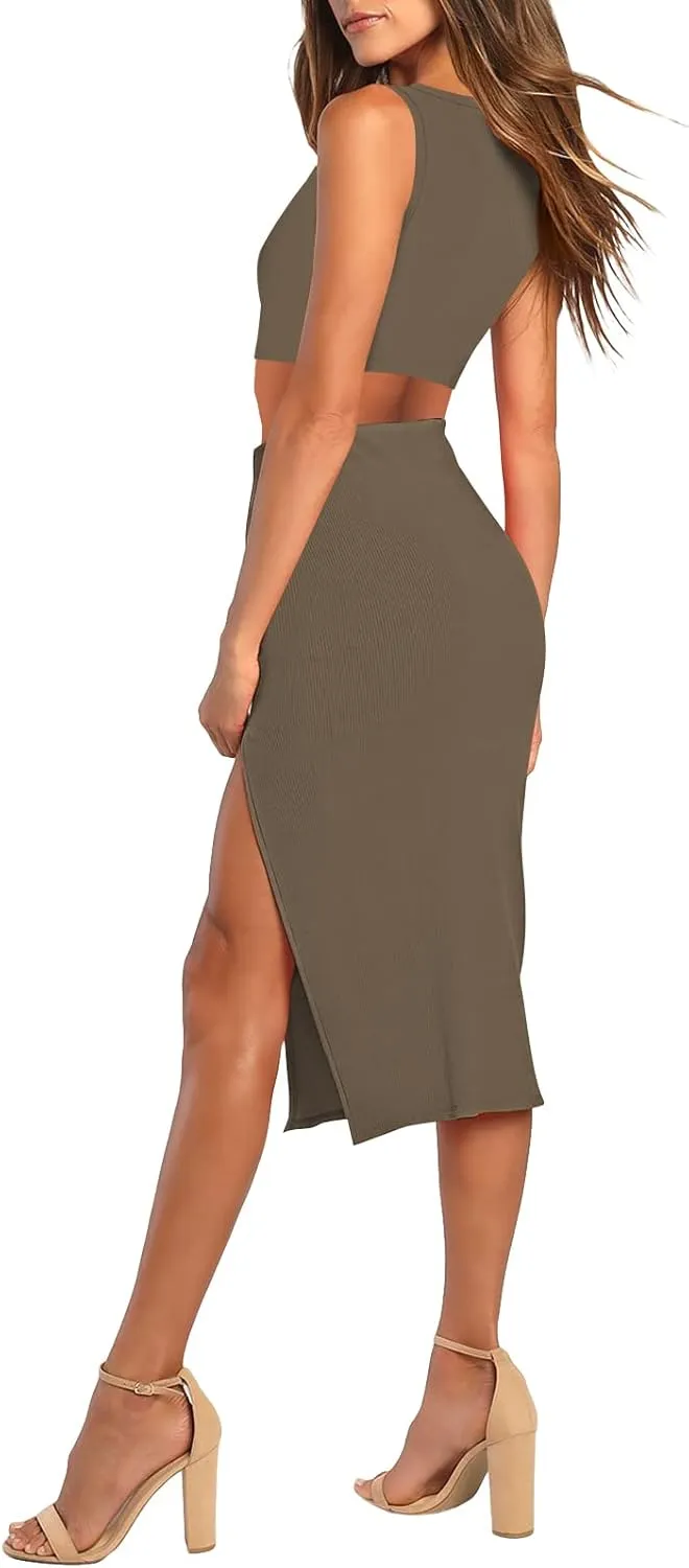 Pink Queen Women's 2 Piece Crew Neck Sleeveless Ribbed Tank Top Bodycon Slit Midi Skirt Outfit Dress Set