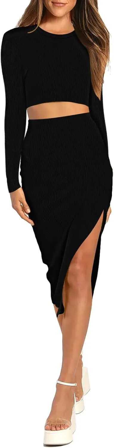 Pink Queen Women's 2 Piece Outfits Set Long Sleeve Crop Top Bodycon Slit Midi Skirt Sets Ribbed Knit Dress