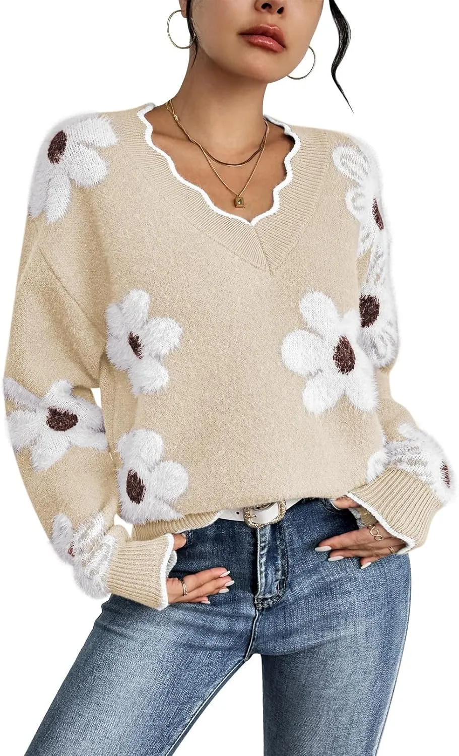Pink Queen Women's Oversized V Neck Fuzzy Sweaters 2024 Casual Loose Long Sleeve Chunky Knit Pullover Jumper Tops