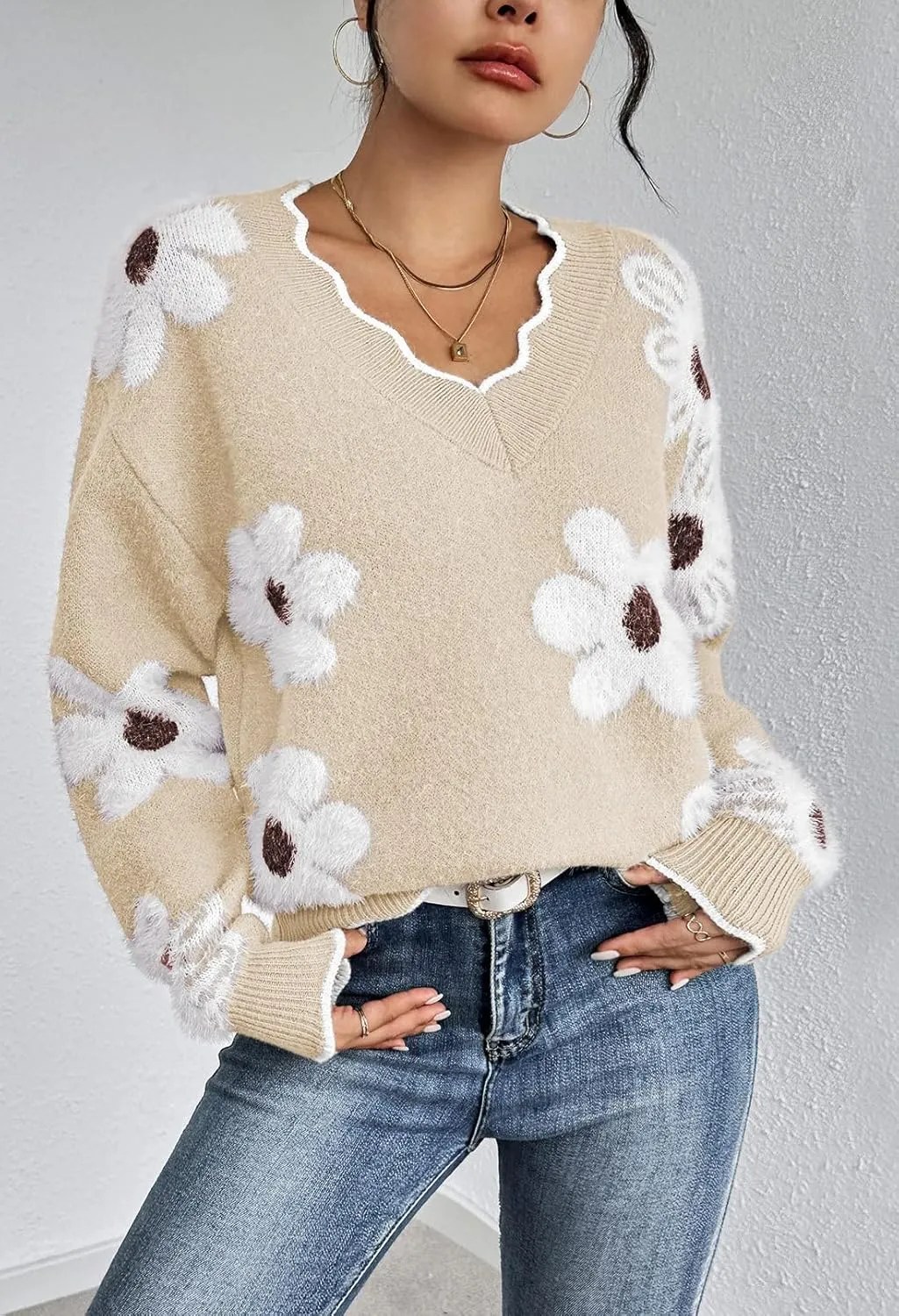 Pink Queen Women's Oversized V Neck Fuzzy Sweaters 2024 Casual Loose Long Sleeve Chunky Knit Pullover Jumper Tops