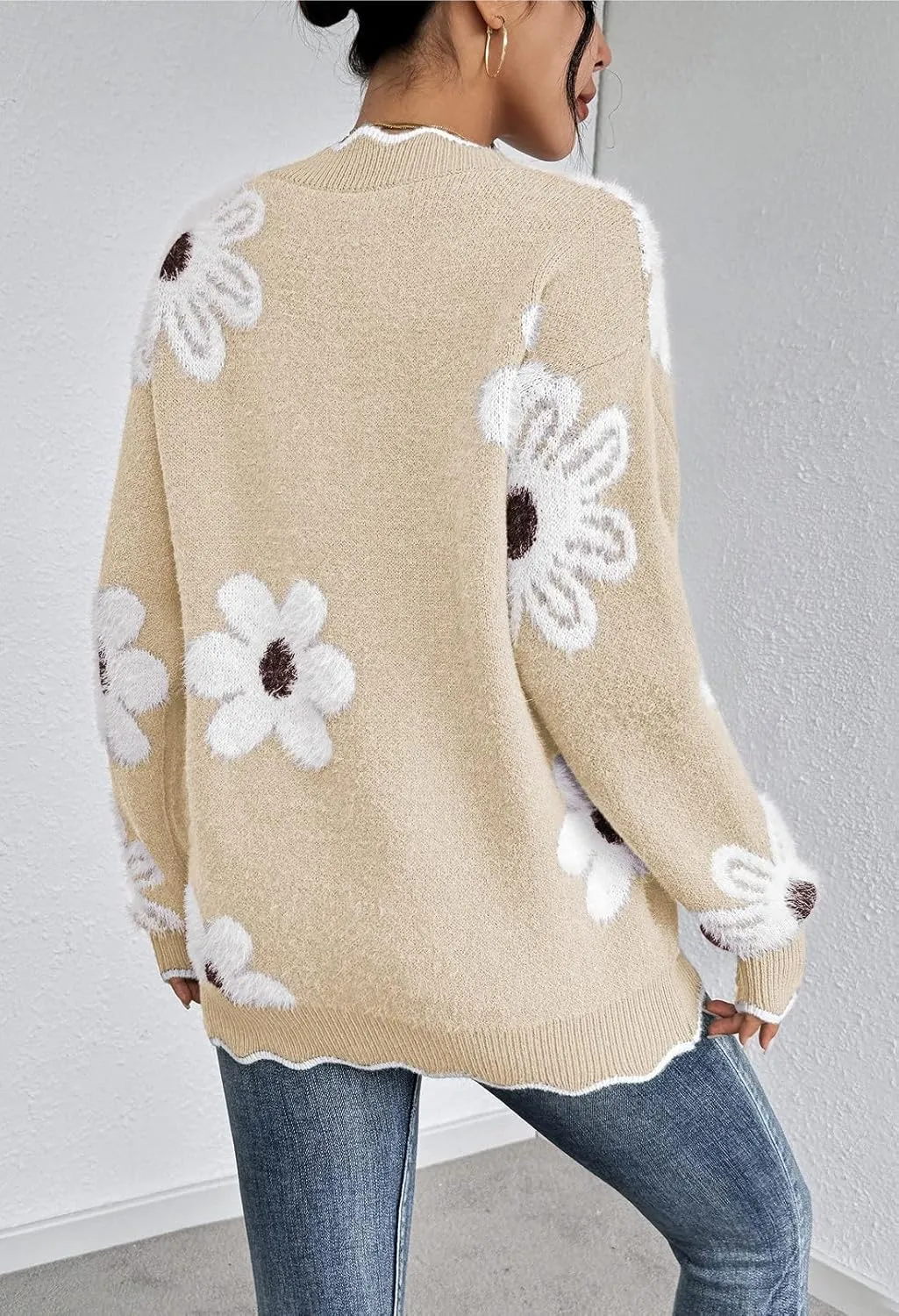 Pink Queen Women's Oversized V Neck Fuzzy Sweaters 2024 Casual Loose Long Sleeve Chunky Knit Pullover Jumper Tops