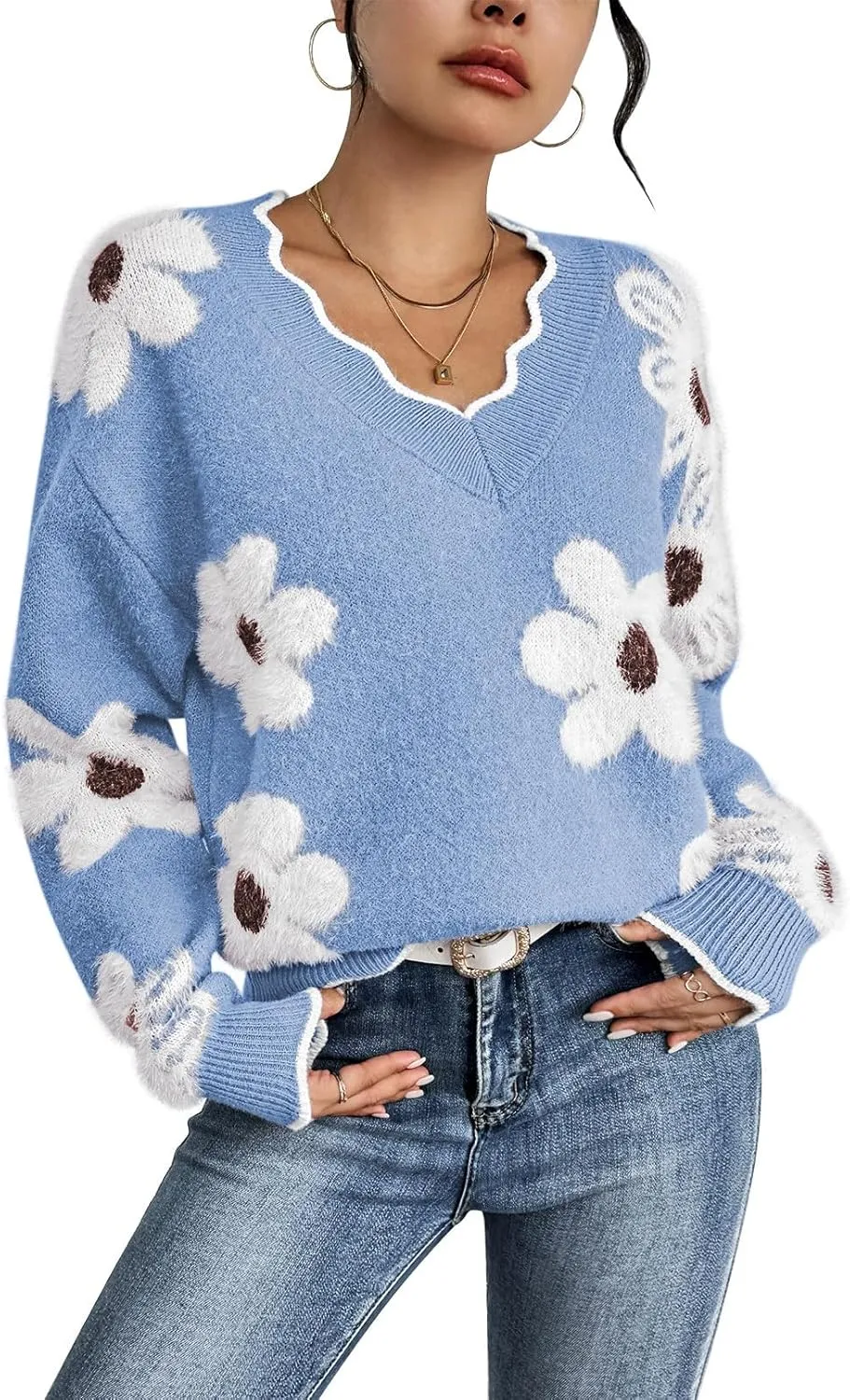 Pink Queen Women's Oversized V Neck Fuzzy Sweaters 2024 Casual Loose Long Sleeve Chunky Knit Pullover Jumper Tops