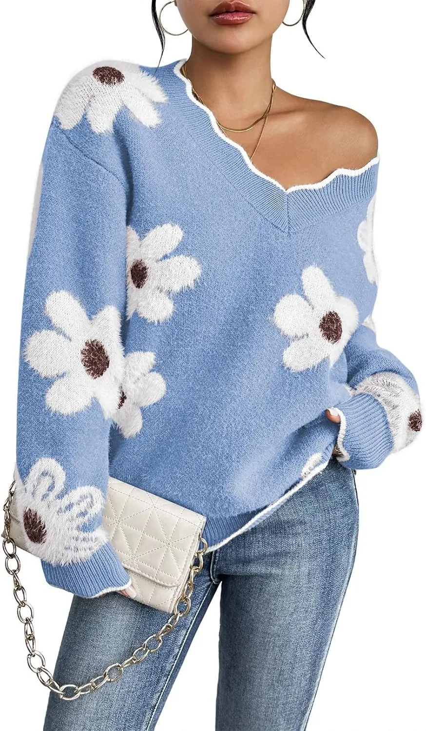 Pink Queen Women's Oversized V Neck Fuzzy Sweaters 2024 Casual Loose Long Sleeve Chunky Knit Pullover Jumper Tops