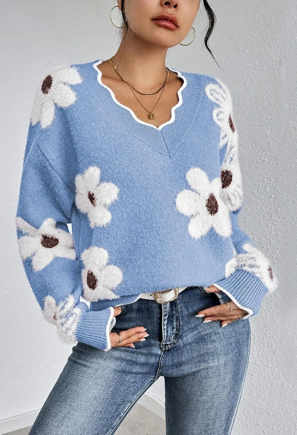 Pink Queen Women's Oversized V Neck Fuzzy Sweaters 2024 Casual Loose Long Sleeve Chunky Knit Pullover Jumper Tops