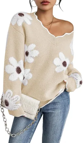 Pink Queen Women's Oversized V Neck Fuzzy Sweaters 2024 Casual Loose Long Sleeve Chunky Knit Pullover Jumper Tops