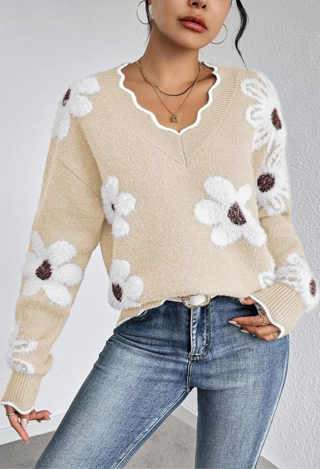 Pink Queen Women's Oversized V Neck Fuzzy Sweaters 2024 Casual Loose Long Sleeve Chunky Knit Pullover Jumper Tops
