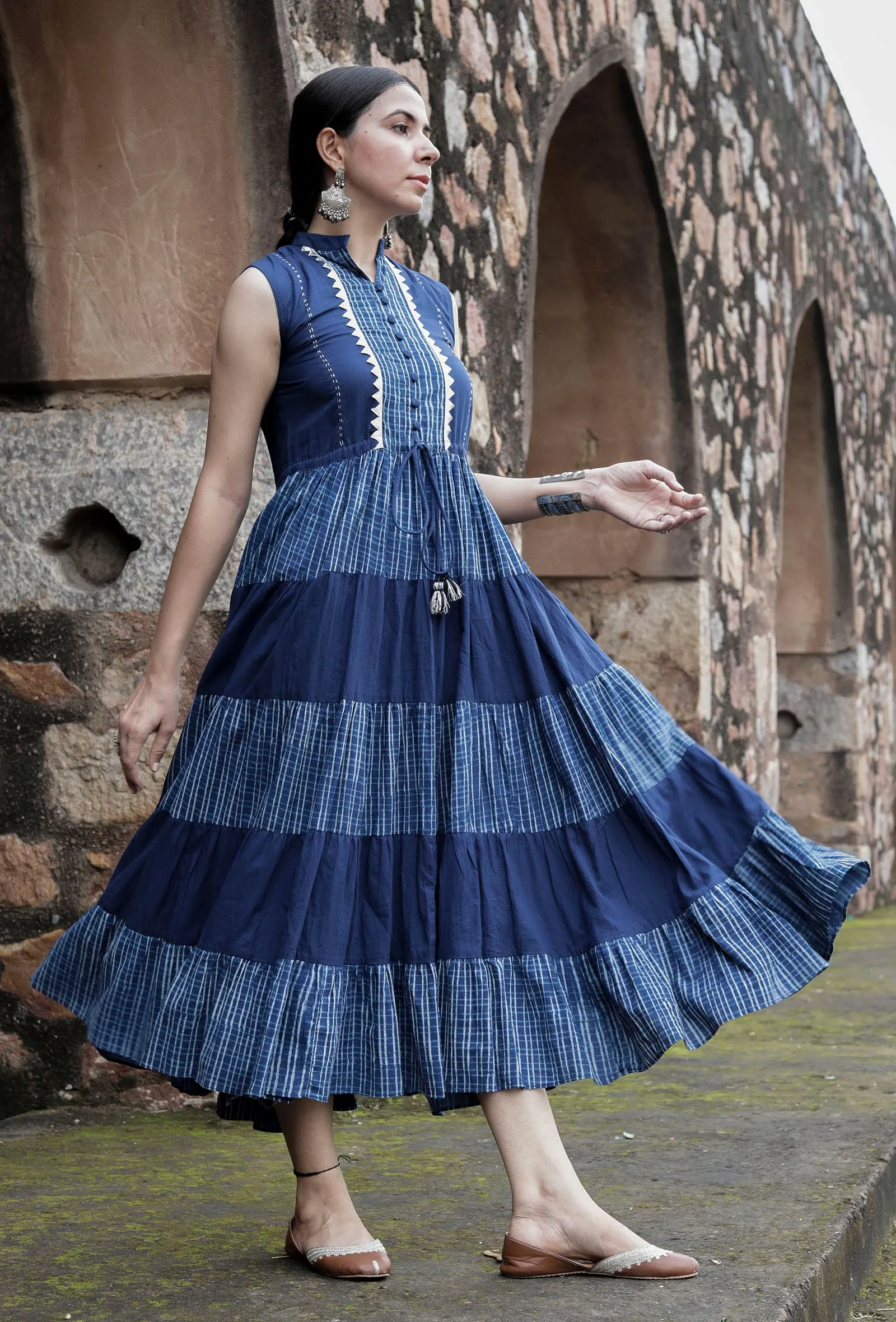 Preet Indigo Blue Tiered Dress With Gota Work