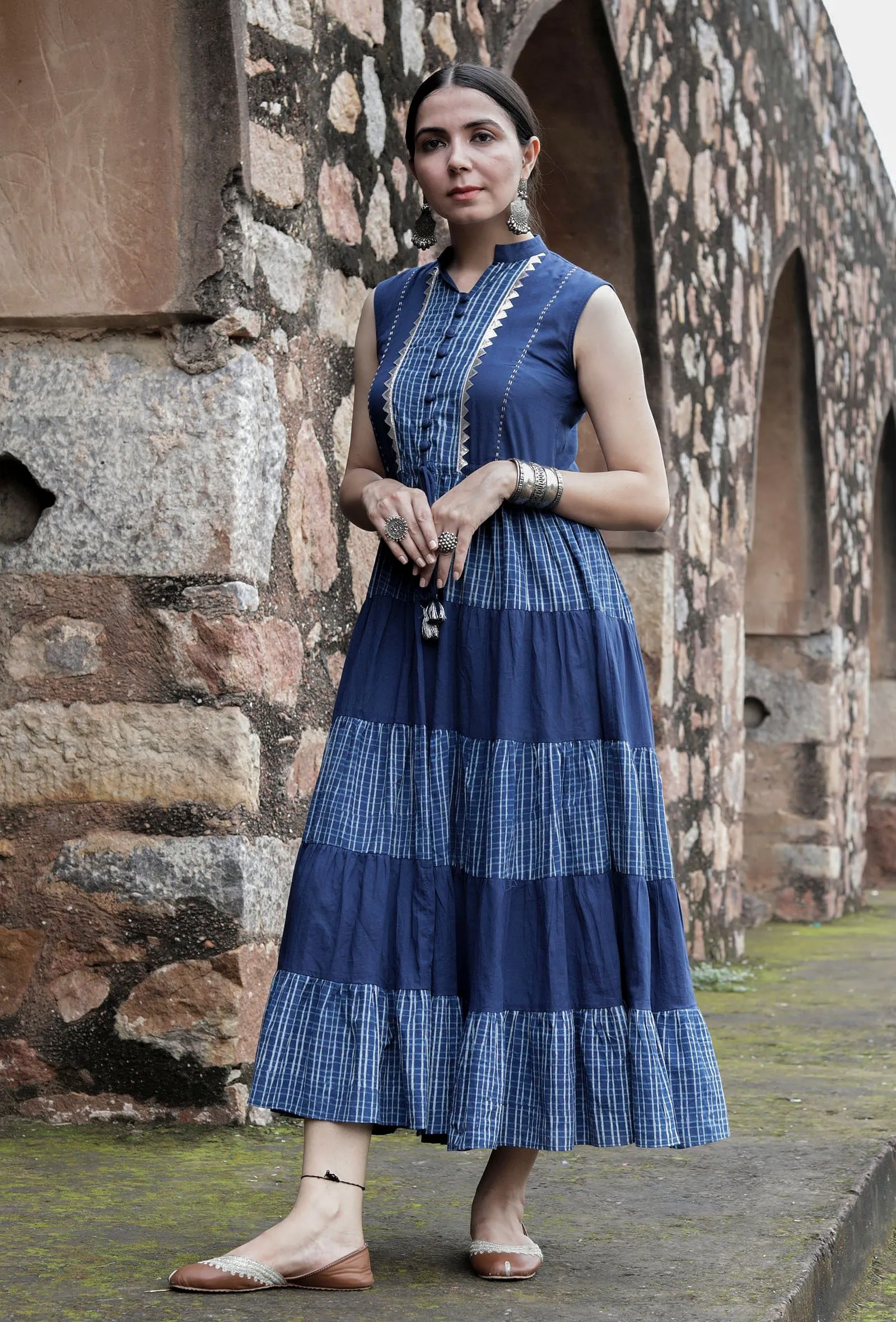 Preet Indigo Blue Tiered Dress With Gota Work