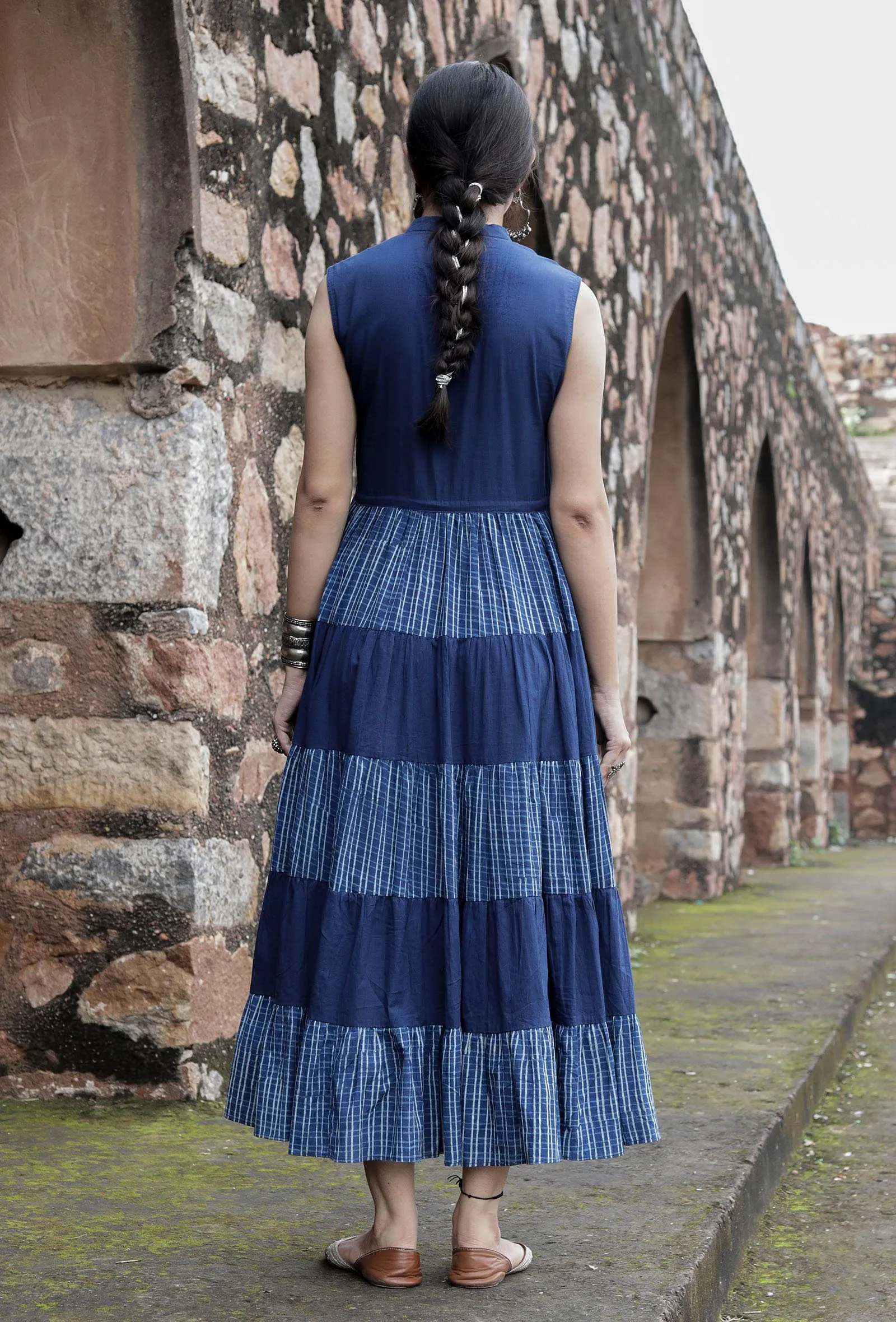 Preet Indigo Blue Tiered Dress With Gota Work