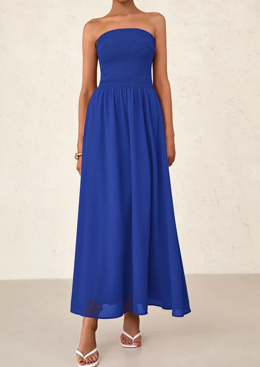 PRETTYGARDEN Women's Strapless Wedding Guest Dresses 2025 Summer Trendy Elegant Smocked Tube Top Maxi Long Flowy Sundress