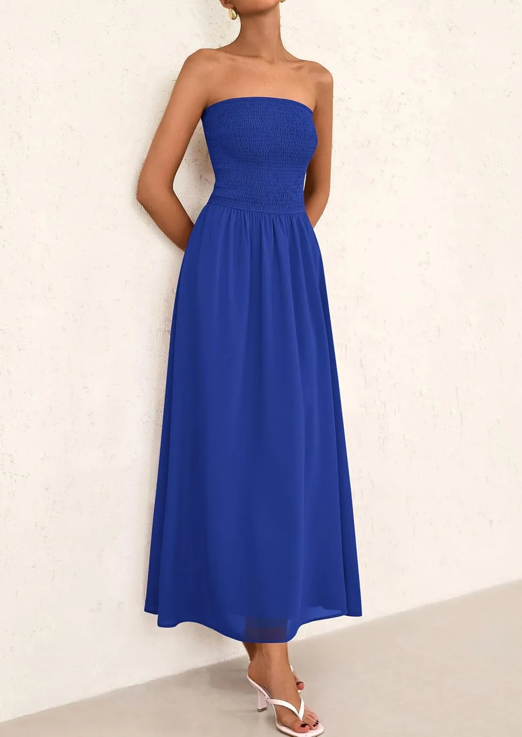 PRETTYGARDEN Women's Strapless Wedding Guest Dresses 2025 Summer Trendy Elegant Smocked Tube Top Maxi Long Flowy Sundress
