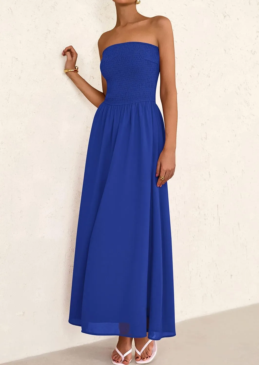 PRETTYGARDEN Women's Strapless Wedding Guest Dresses 2025 Summer Trendy Elegant Smocked Tube Top Maxi Long Flowy Sundress