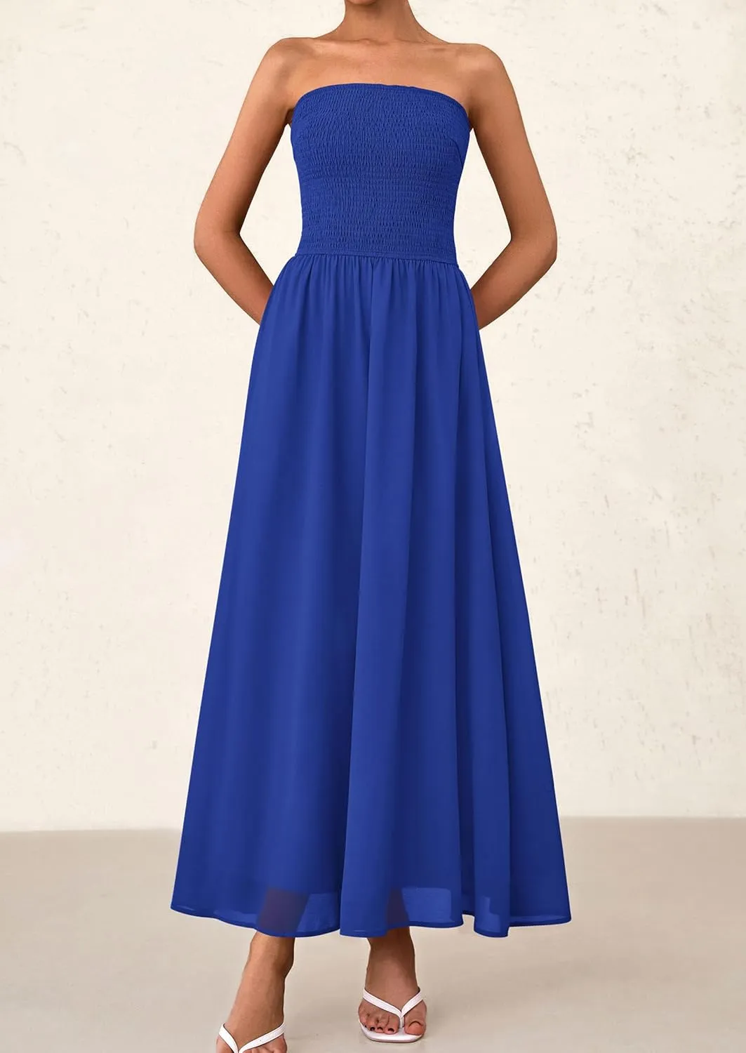 PRETTYGARDEN Women's Strapless Wedding Guest Dresses 2025 Summer Trendy Elegant Smocked Tube Top Maxi Long Flowy Sundress