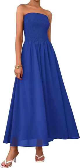 PRETTYGARDEN Women's Strapless Wedding Guest Dresses 2025 Summer Trendy Elegant Smocked Tube Top Maxi Long Flowy Sundress