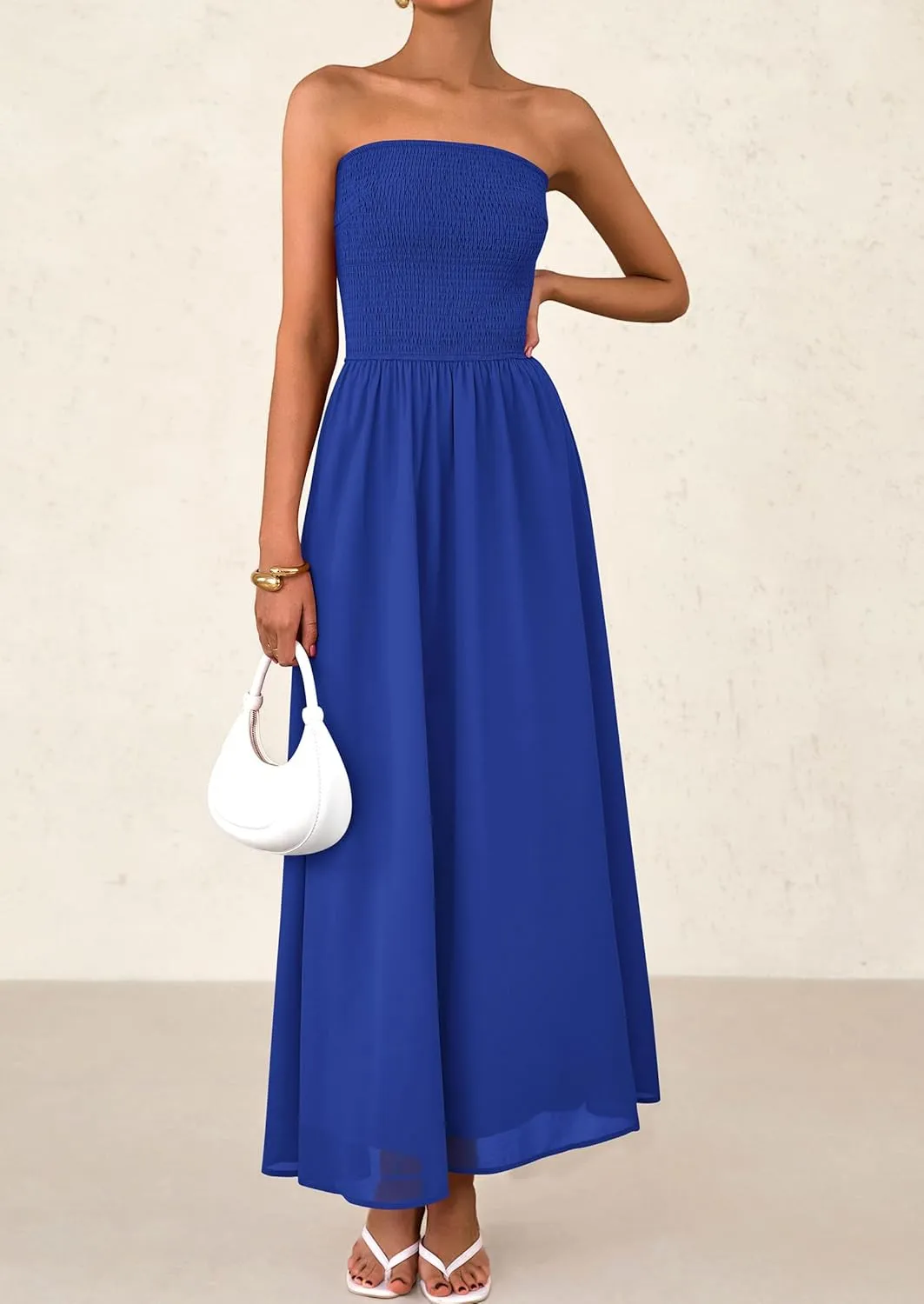 PRETTYGARDEN Women's Strapless Wedding Guest Dresses 2025 Summer Trendy Elegant Smocked Tube Top Maxi Long Flowy Sundress