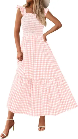 PRETTYGARDEN Womens Summer Dress Casual Square Neck Ruffle Strap Gingham Smocked Midi Flowy A Line Beach Vacation Sun Dresses