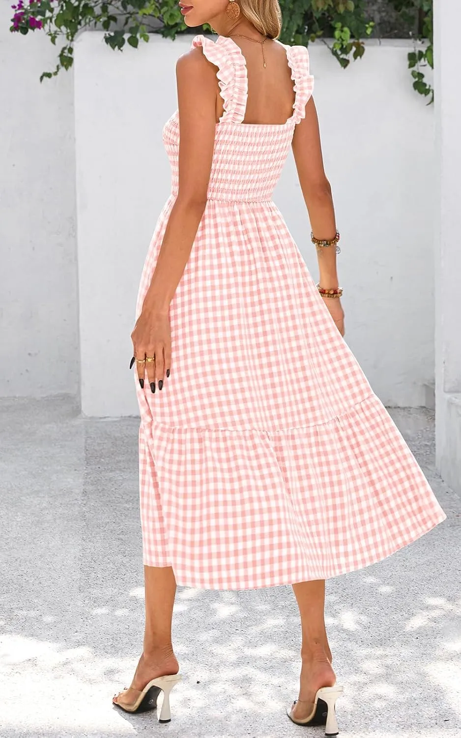 PRETTYGARDEN Womens Summer Dress Casual Square Neck Ruffle Strap Gingham Smocked Midi Flowy A Line Beach Vacation Sun Dresses