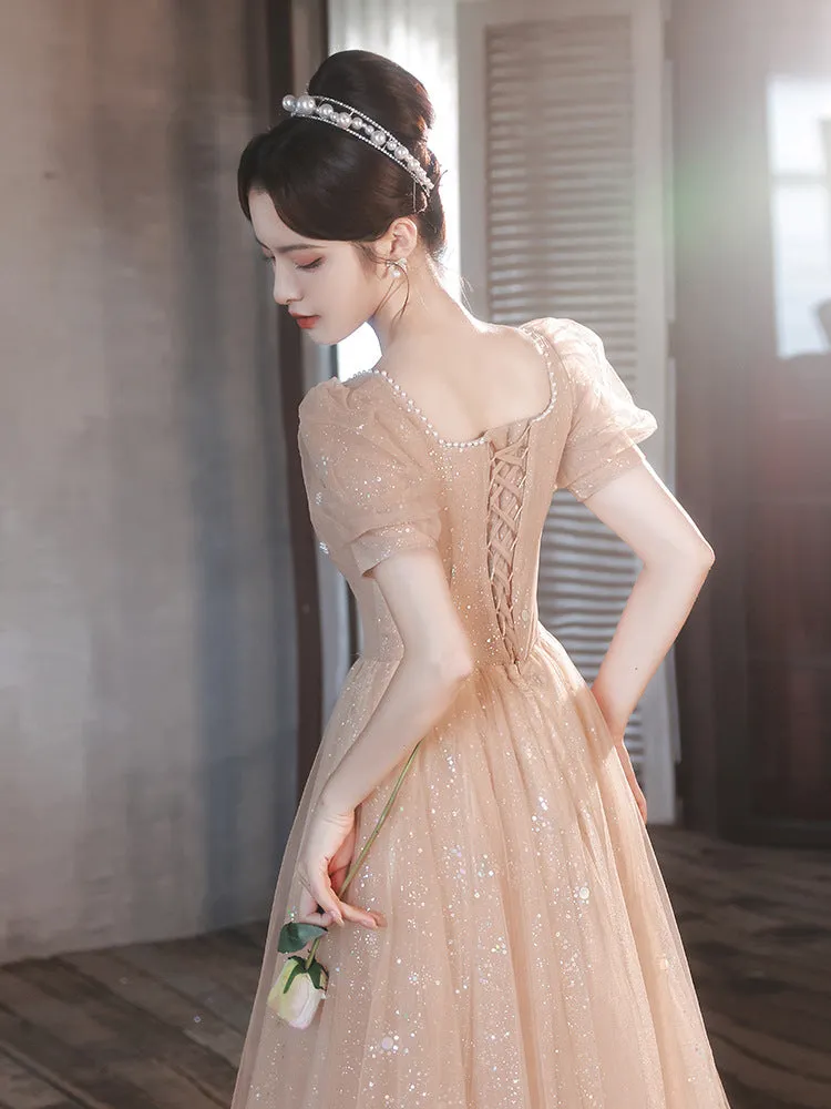 Puff Sleeves Studded Lace up Prom Dress