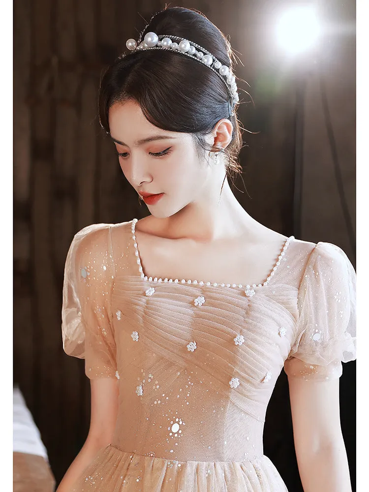 Puff Sleeves Studded Lace up Prom Dress