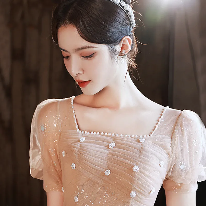 Puff Sleeves Studded Lace up Prom Dress