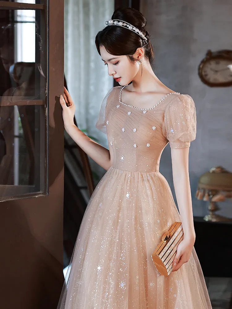 Puff Sleeves Studded Lace up Prom Dress