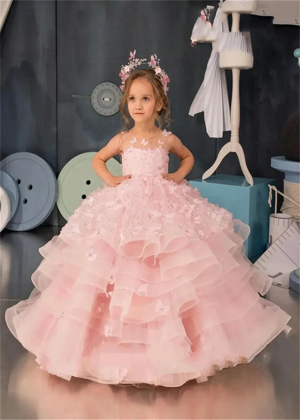 Puffy Communion Flower First Kid Pink Appliqu茅 Attire