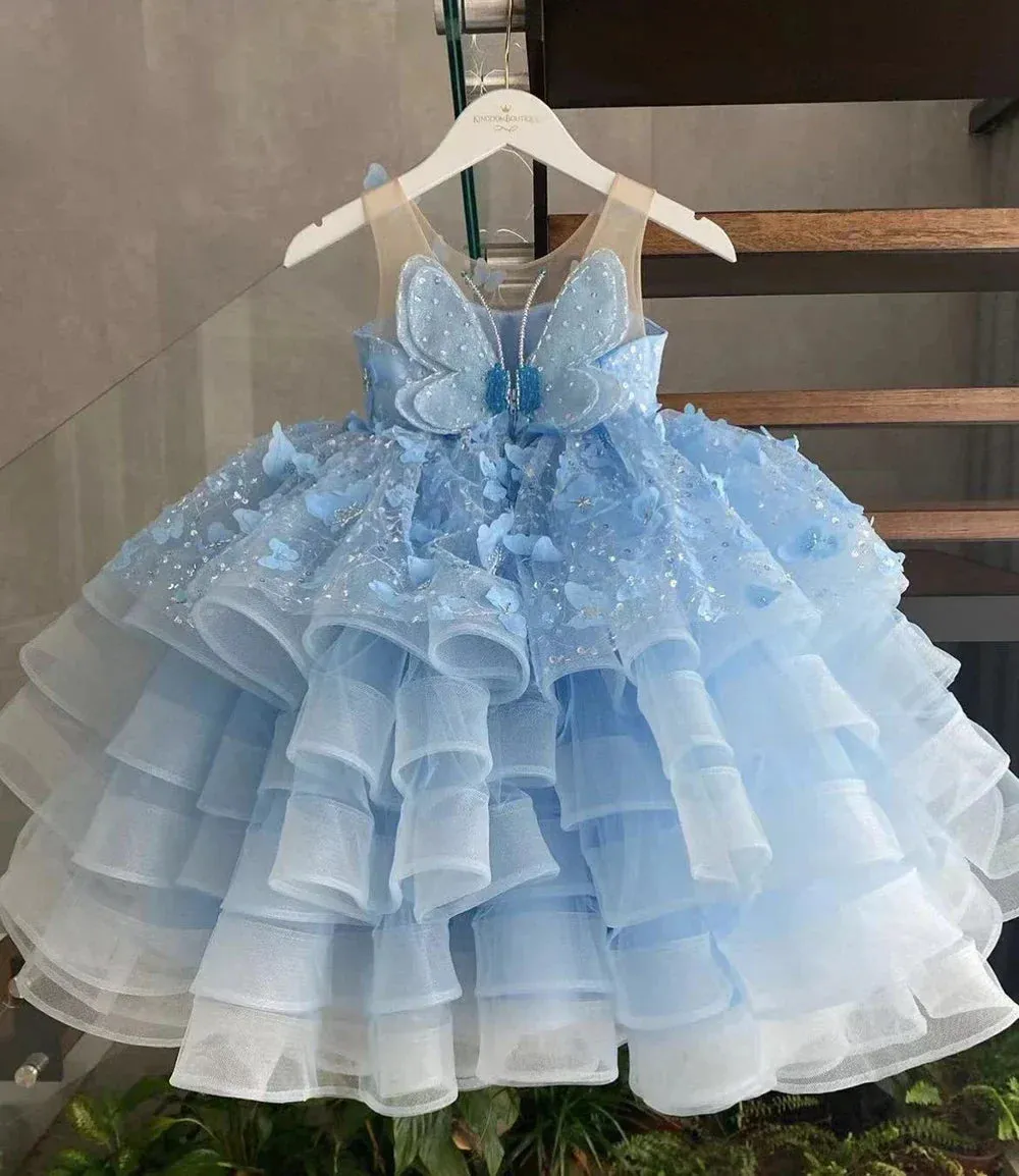 Puffy Communion Flower First Kid Pink Appliqu茅 Attire