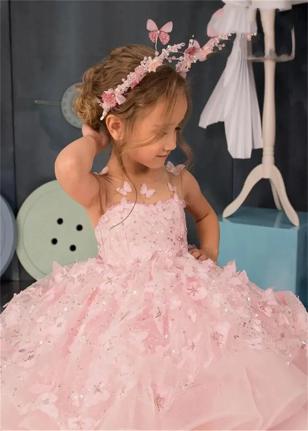 Puffy Communion Flower First Kid Pink Appliqu茅 Attire