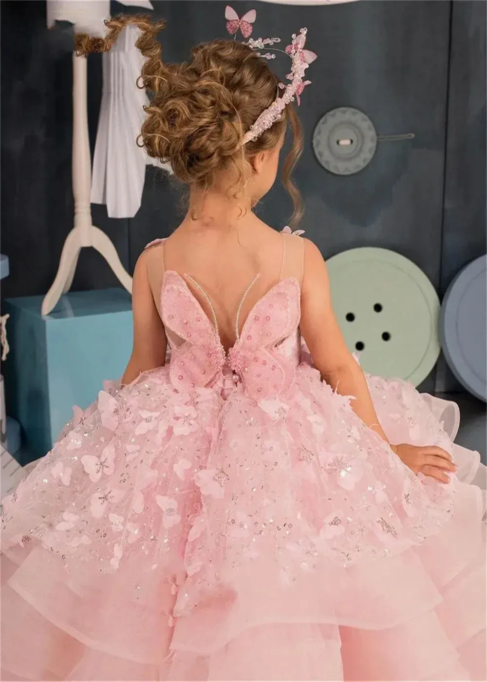 Puffy Communion Flower First Kid Pink Appliqu茅 Attire