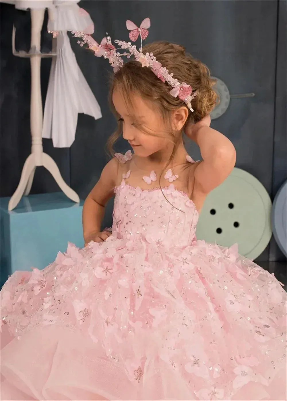 Puffy Communion Flower First Kid Pink Appliqu茅 Attire
