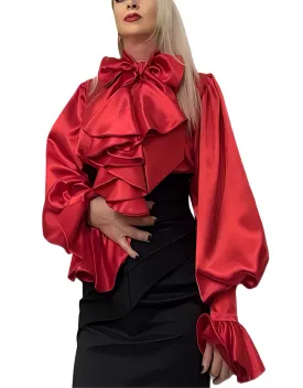 Ruffle Cascade Puff Sleeve Silk Charmeuse Shirt