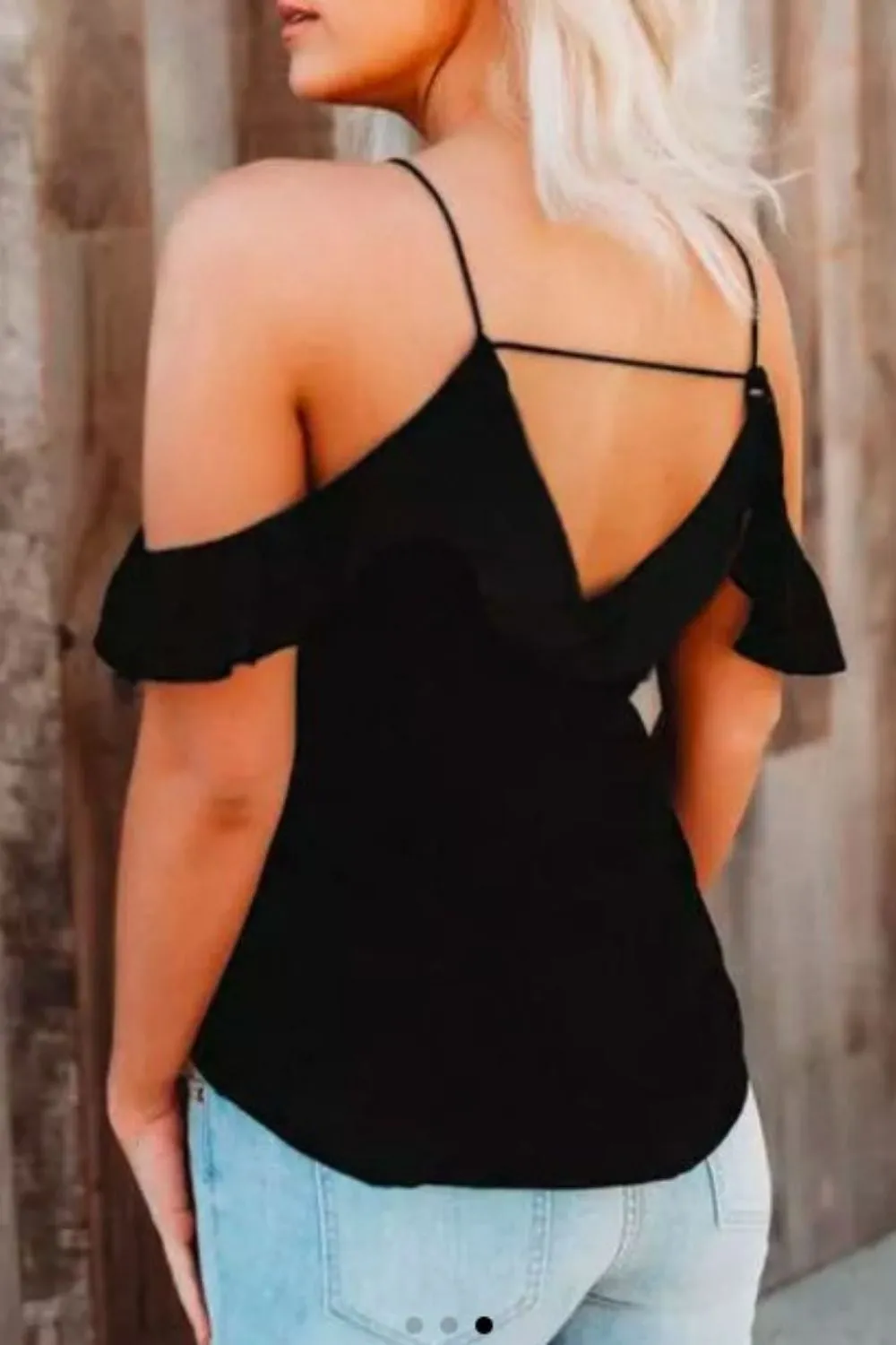Ruffled Cold Shoulder 
Spaghetti Strap Blouse Black