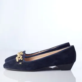 Russell and Bromley Blue Suede Flats with Gold Buckle Size 41