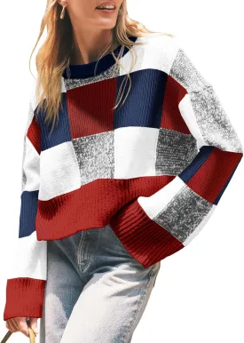 Saodimallsu Womens Checkered Sweater Cropped Oversized Trendy Fall Crew Neck Color Block Pullover Sweaters