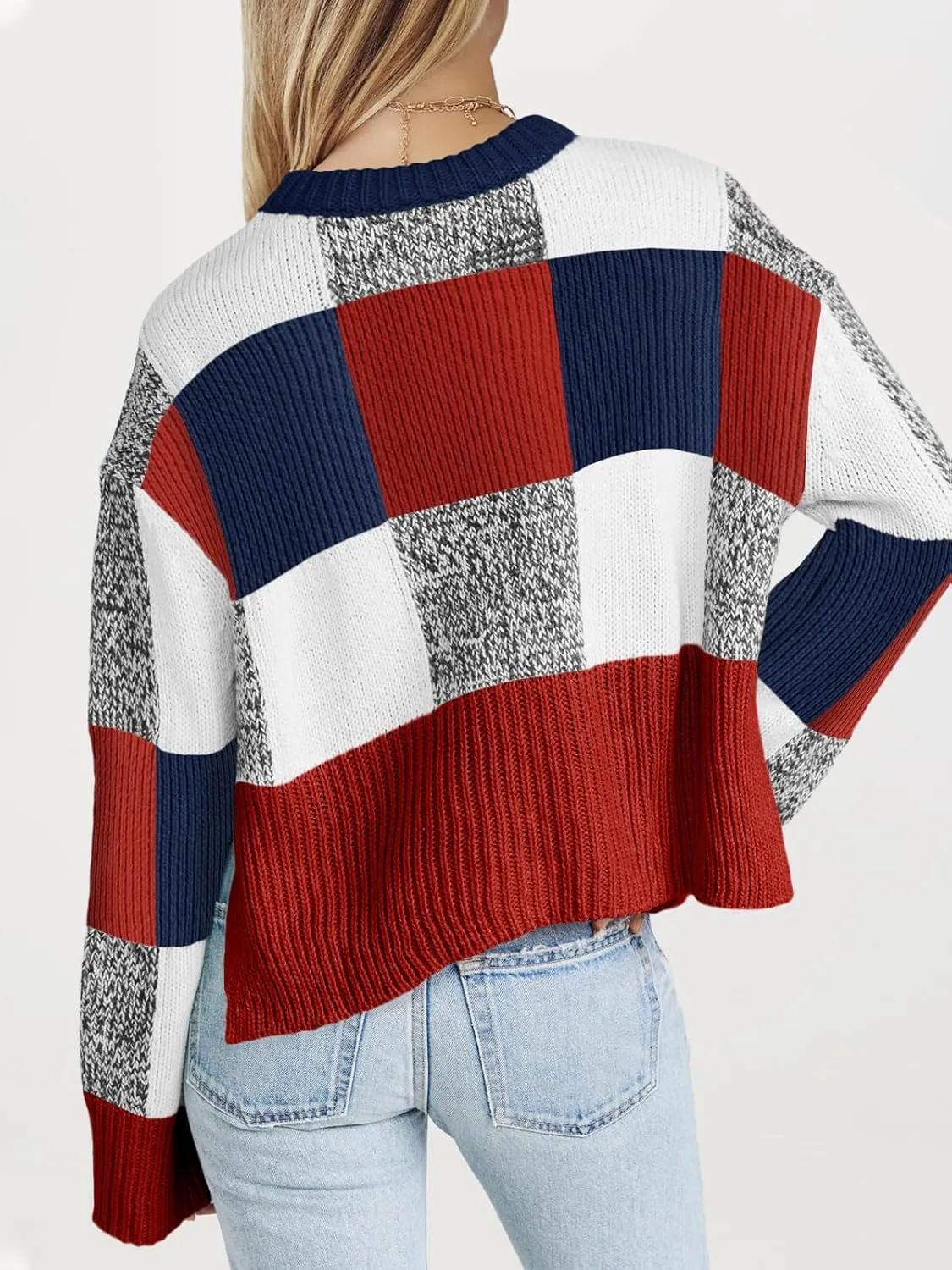 Saodimallsu Womens Checkered Sweater Cropped Oversized Trendy Fall Crew Neck Color Block Pullover Sweaters