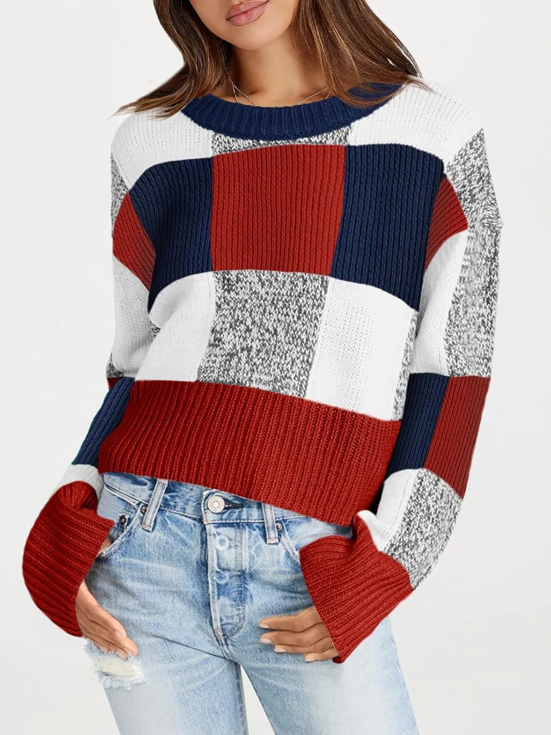 Saodimallsu Womens Checkered Sweater Cropped Oversized Trendy Fall Crew Neck Color Block Pullover Sweaters