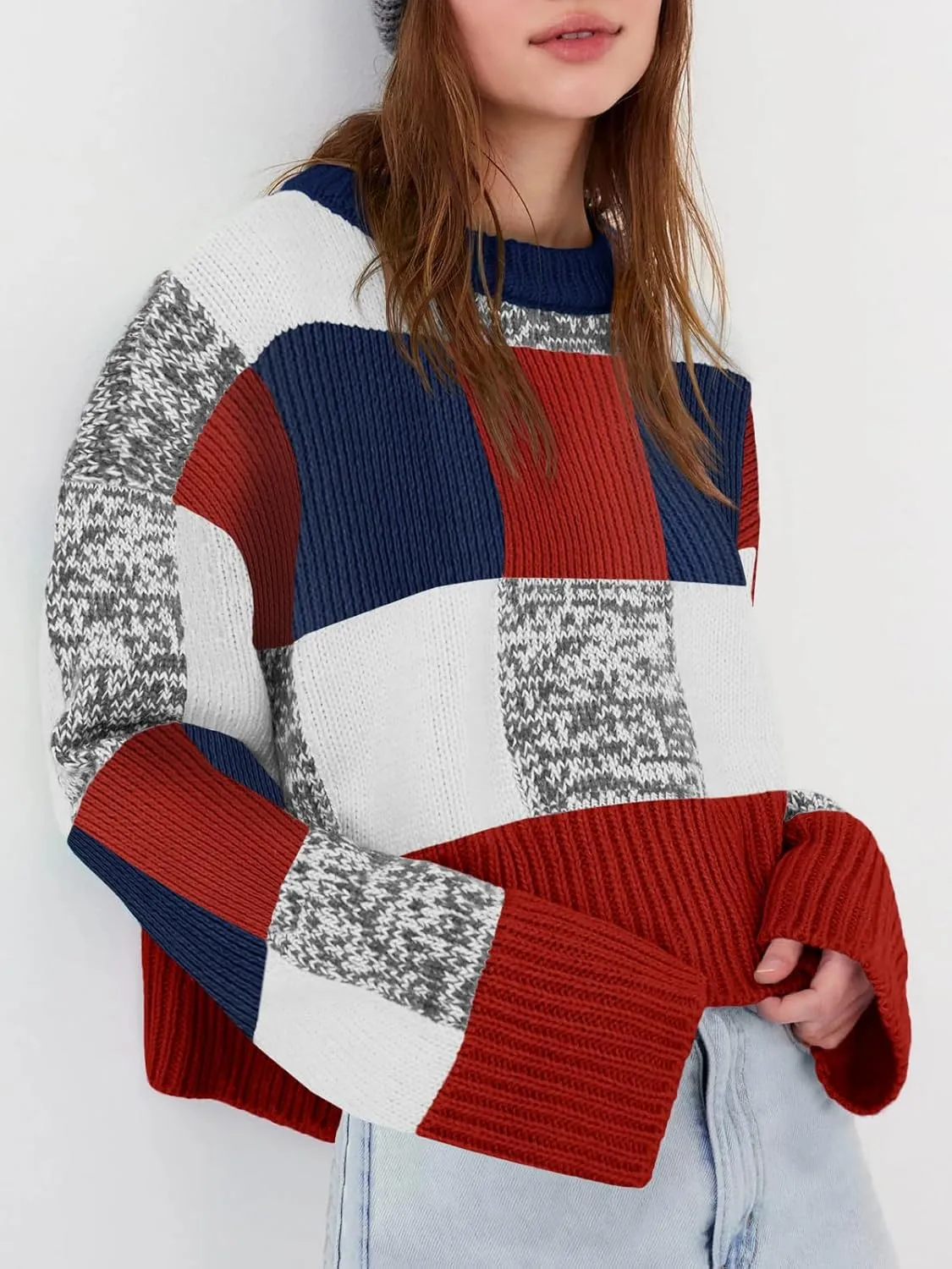 Saodimallsu Womens Checkered Sweater Cropped Oversized Trendy Fall Crew Neck Color Block Pullover Sweaters