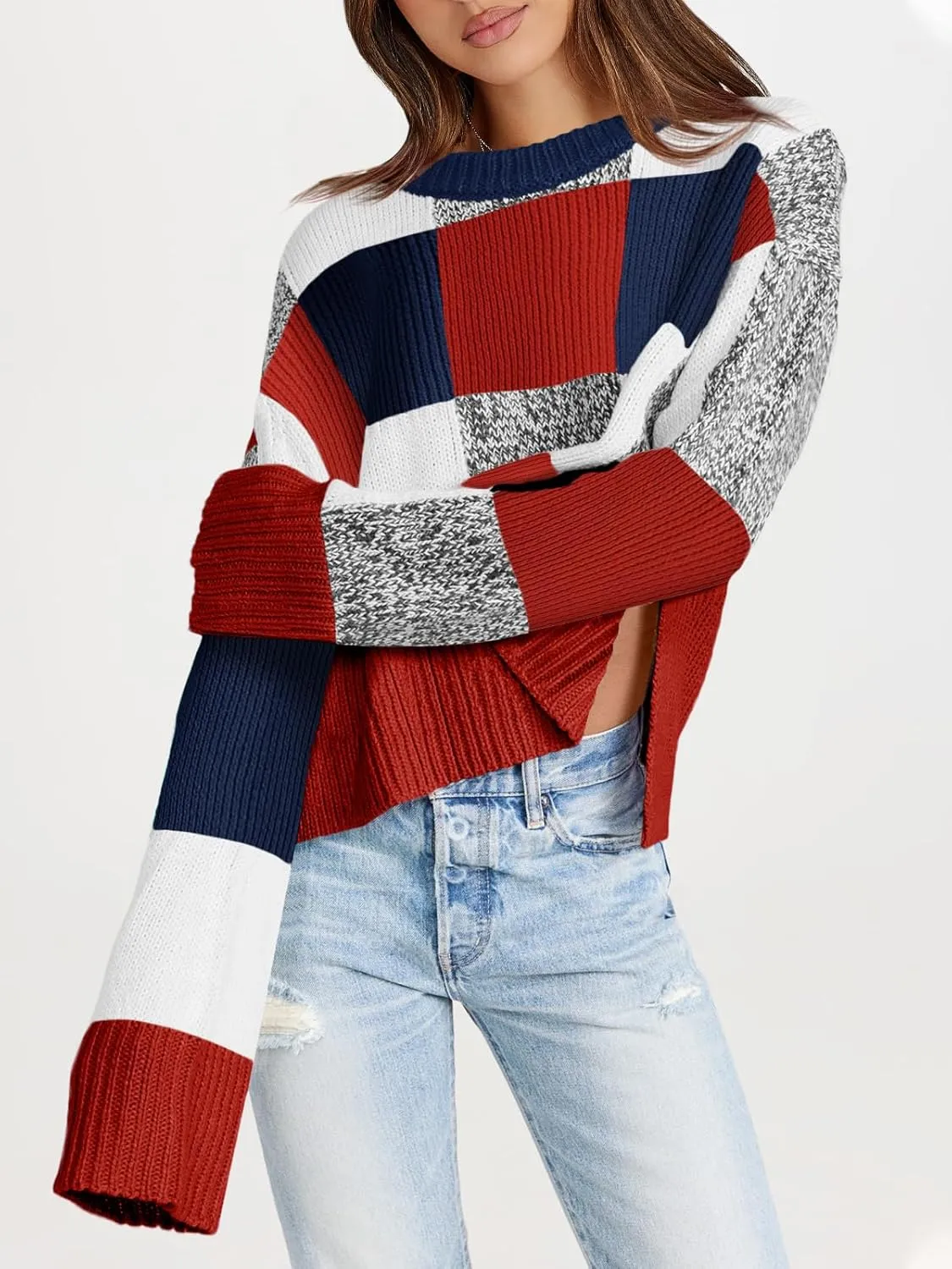 Saodimallsu Womens Checkered Sweater Cropped Oversized Trendy Fall Crew Neck Color Block Pullover Sweaters