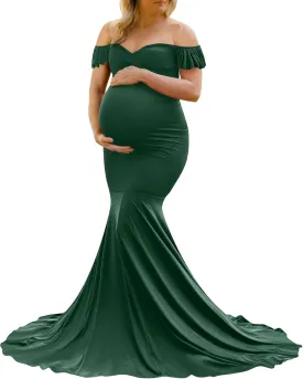 Saslax Off Shoulder Ruffle Sleeves Elegant Fitted Maxi Maternity Dress for Photoshoot Baby Shower