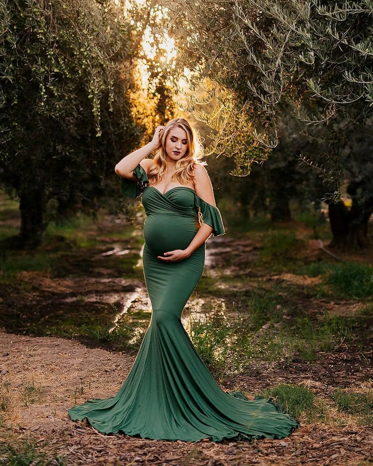 Saslax Off Shoulder Ruffle Sleeves Elegant Fitted Maxi Maternity Dress for Photoshoot Baby Shower