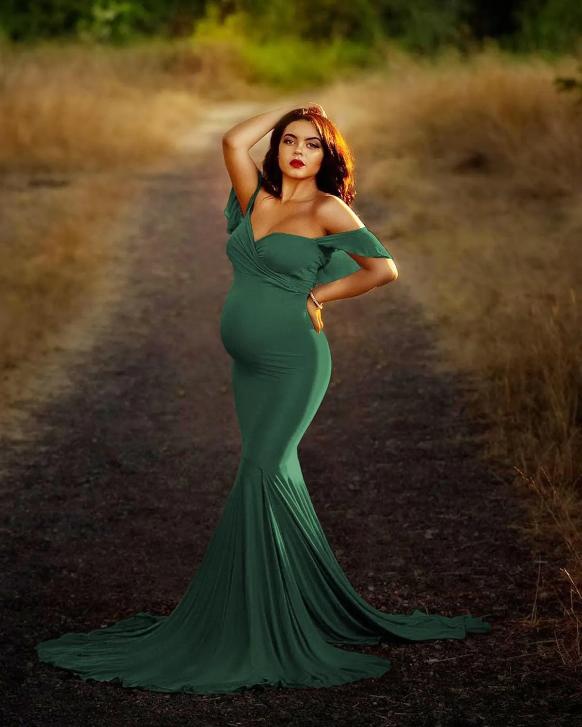 Saslax Off Shoulder Ruffle Sleeves Elegant Fitted Maxi Maternity Dress for Photoshoot Baby Shower
