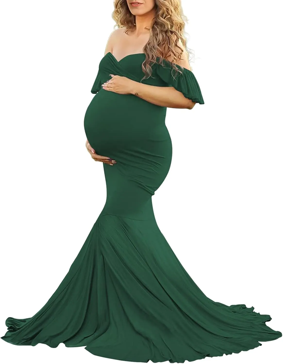 Saslax Off Shoulder Ruffle Sleeves Elegant Fitted Maxi Maternity Dress for Photoshoot Baby Shower