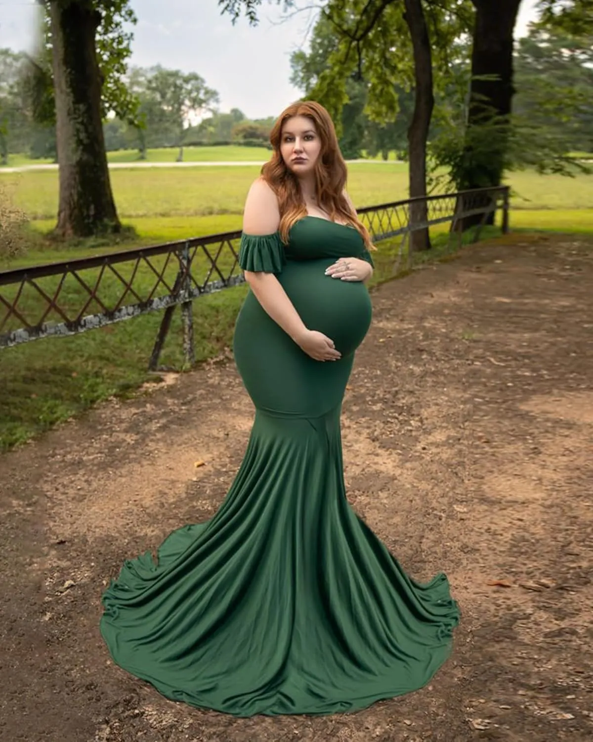 Saslax Off Shoulder Ruffle Sleeves Elegant Fitted Maxi Maternity Dress for Photoshoot Baby Shower