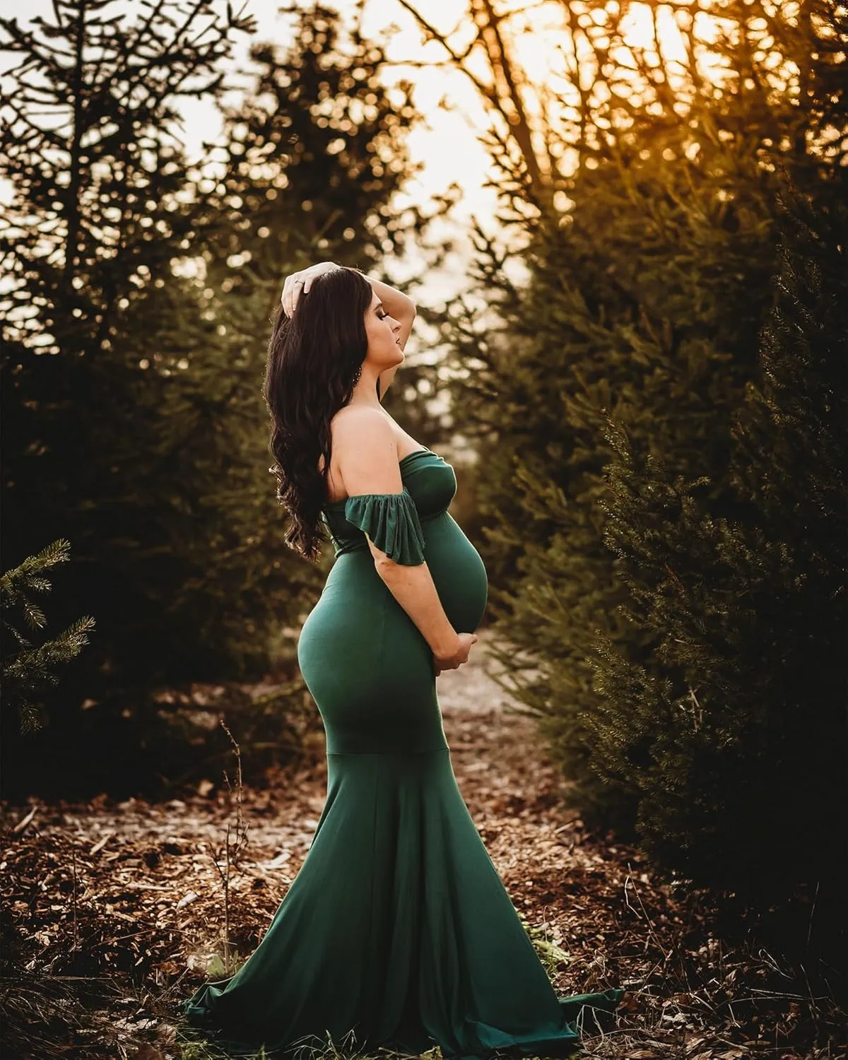 Saslax Off Shoulder Ruffle Sleeves Elegant Fitted Maxi Maternity Dress for Photoshoot Baby Shower