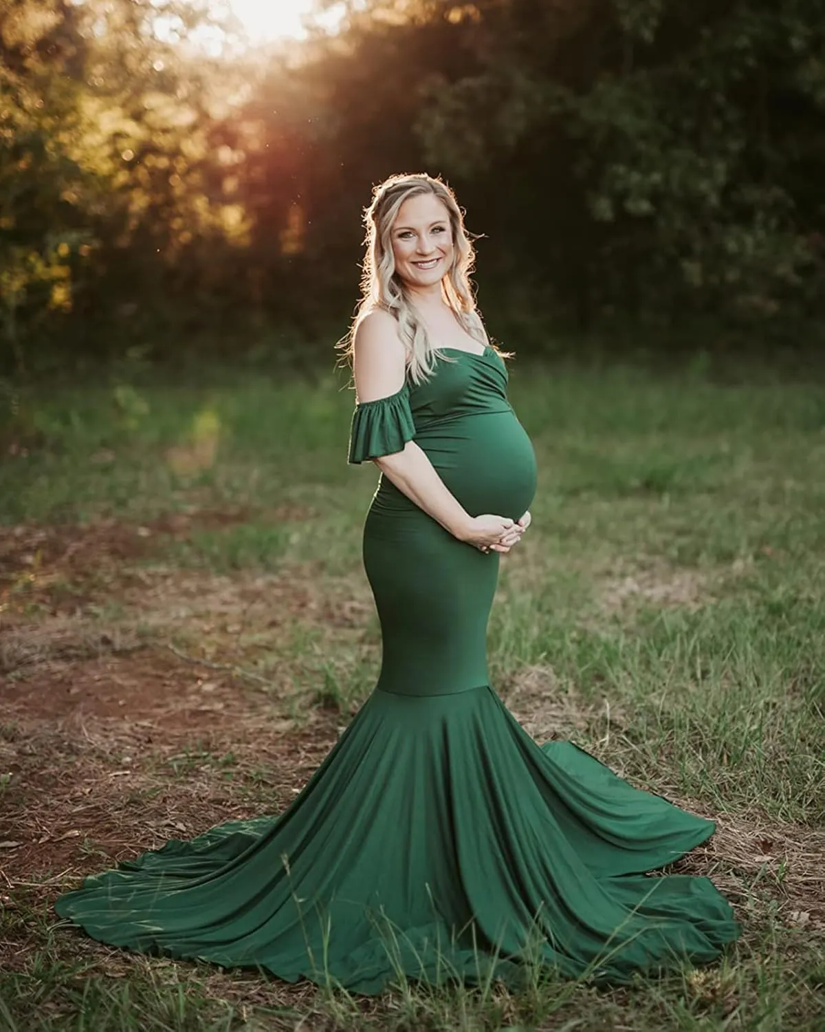 Saslax Off Shoulder Ruffle Sleeves Elegant Fitted Maxi Maternity Dress for Photoshoot Baby Shower