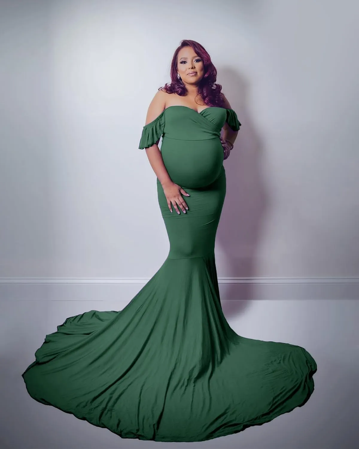 Saslax Off Shoulder Ruffle Sleeves Elegant Fitted Maxi Maternity Dress for Photoshoot Baby Shower